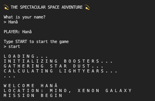 A terminal window with text from The Spectacular Space Adventure